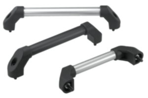 Puxadores tubulares de alumínio ou aço inoxidável com cantos de fixação angulares de plástico e de corte oblíquo em ambos os lados